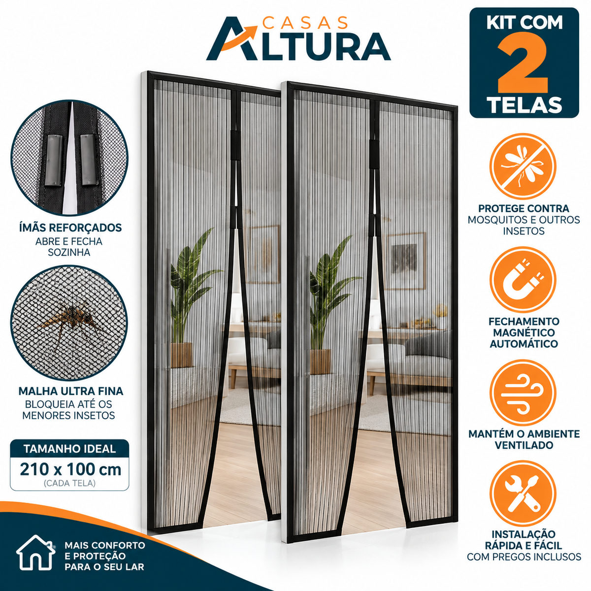 Kit 2 Tela Mosquiteira para Porta com Fecho Magnético 210x100cm - Fácil Instalação, Ventilada