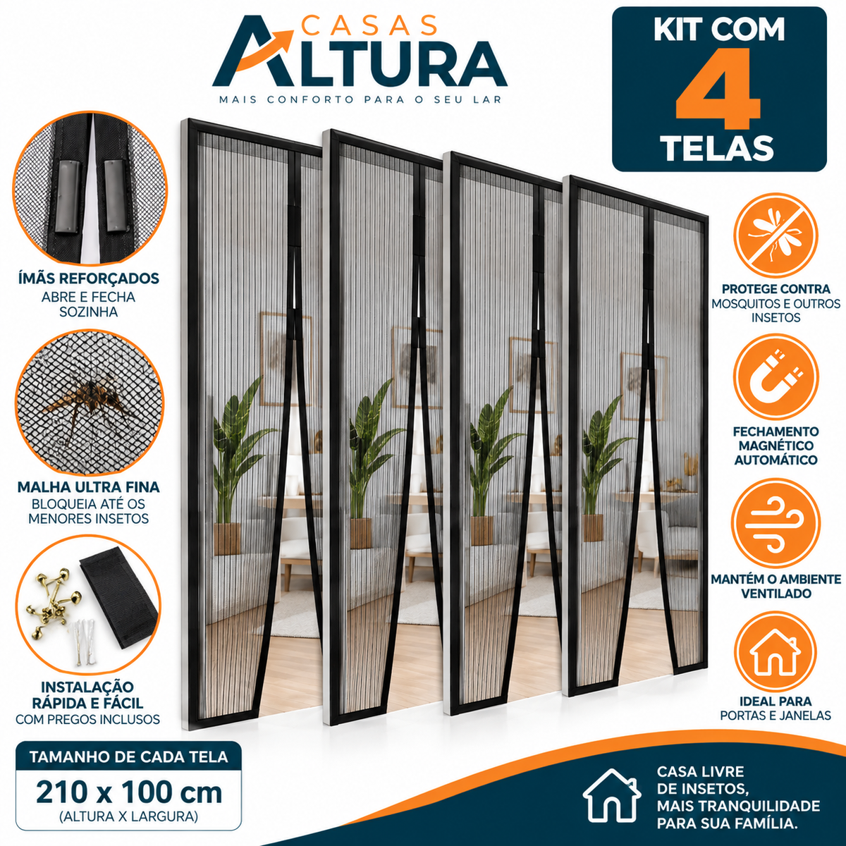 Kit 2 Tela Mosquiteira para Porta com Fecho Magnético 210x100cm - Fácil Instalação, Ventilada