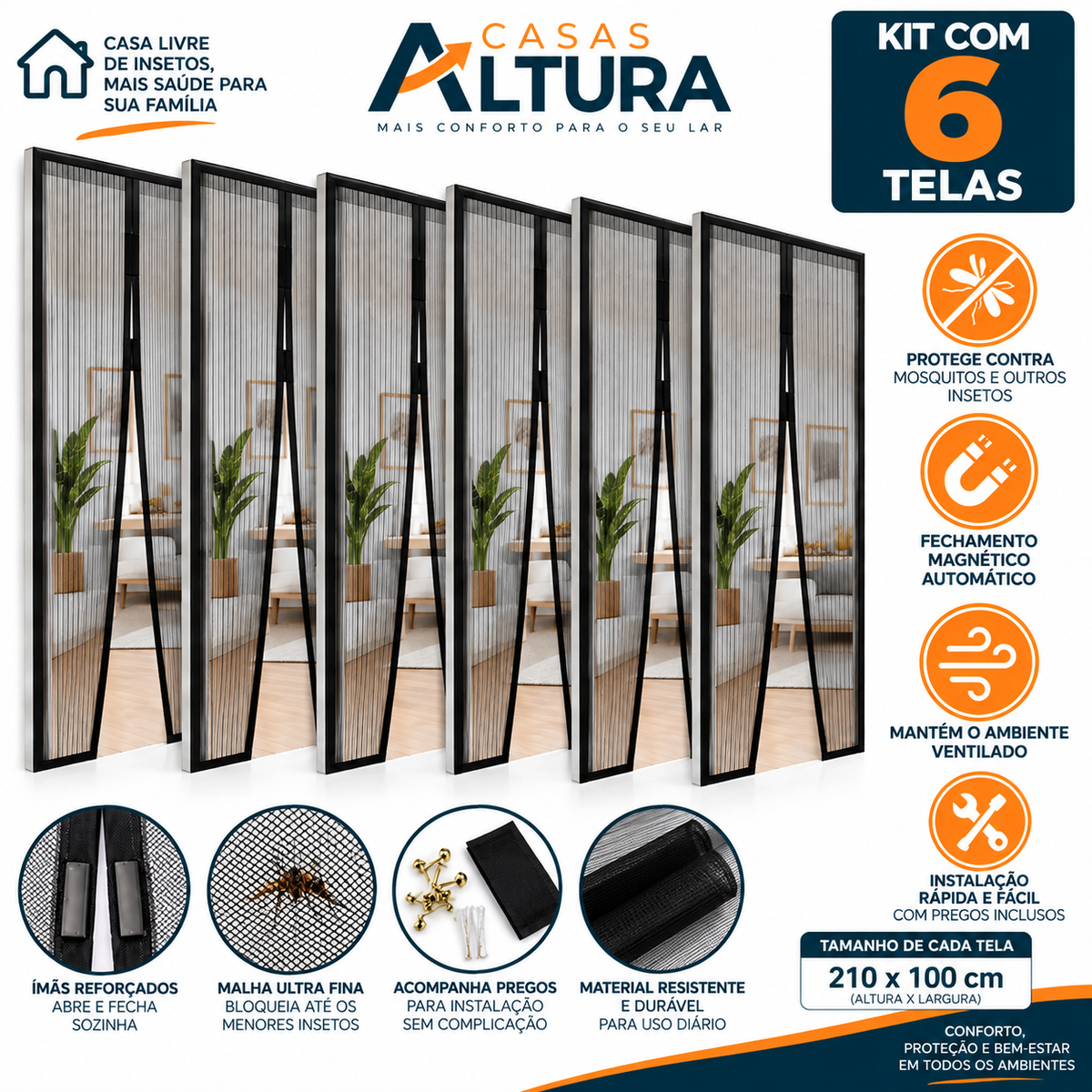 Kit 2 Tela Mosquiteira para Porta com Fecho Magnético 210x100cm - Fácil Instalação, Ventilada