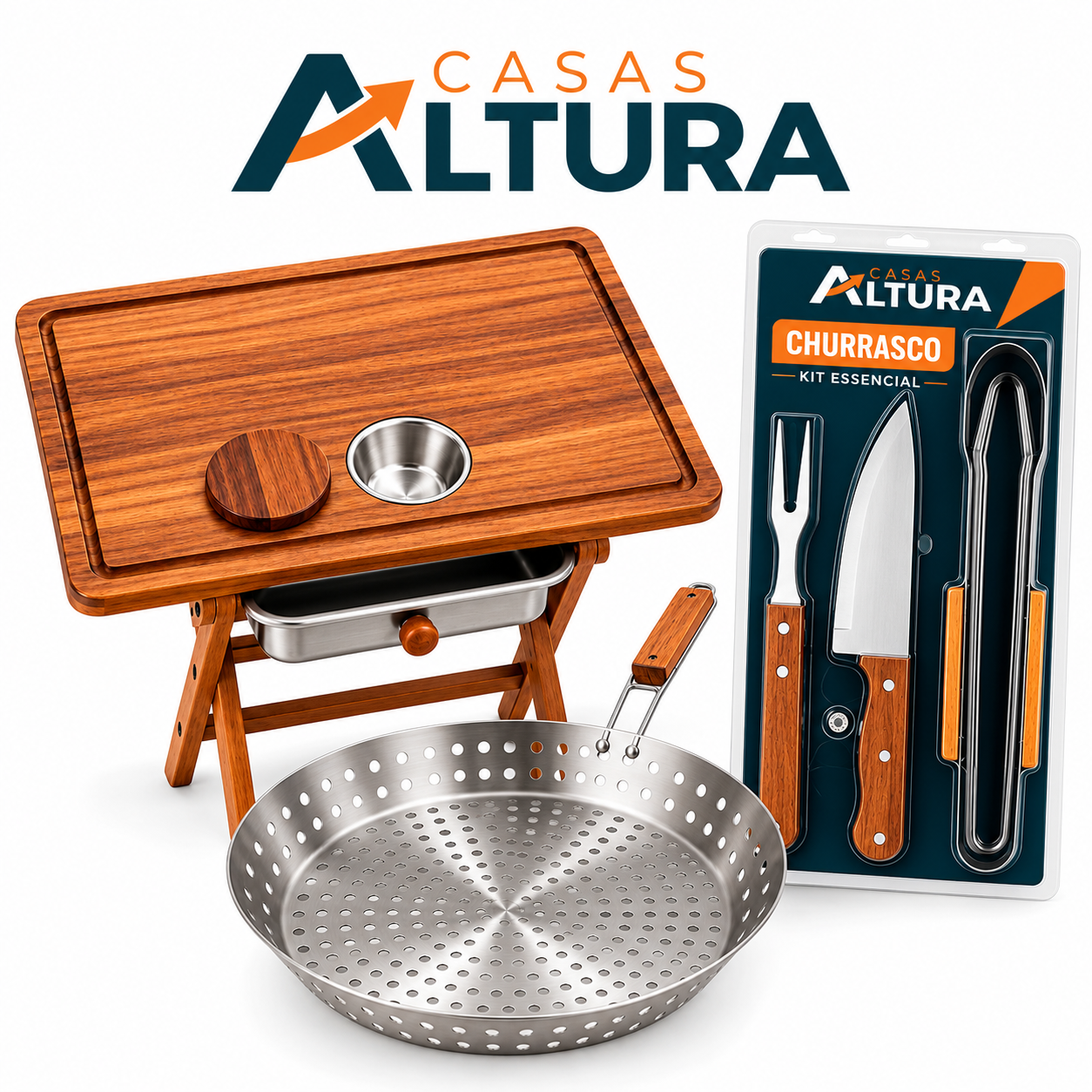 Kit Churrasco Completo 3 em 1 – Mesa Dobrável + Frigideira Inox + Kit Tramontina